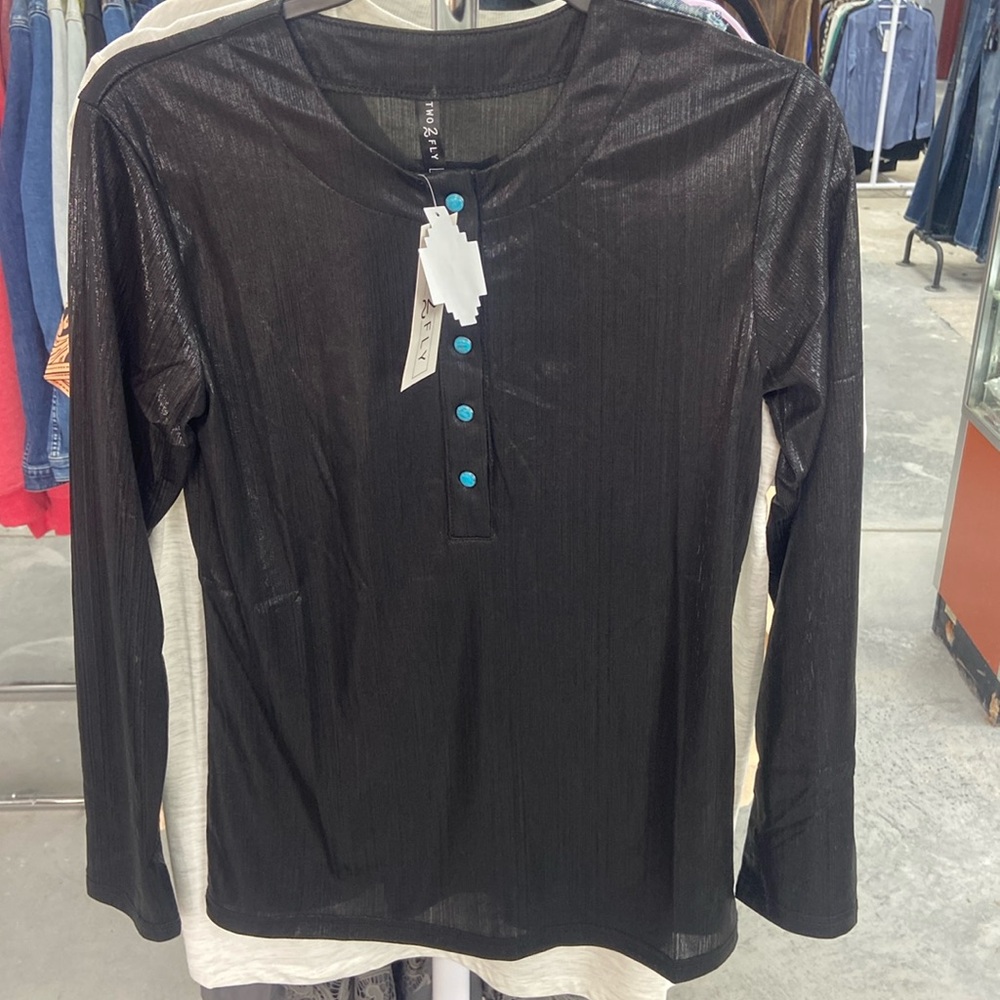 shiny henley with turquoise snaps